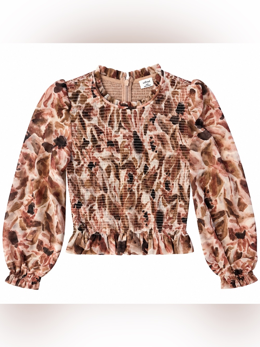 Wilfred Smocked Floral Puff-Sleeve Blouse in Pink and Brown